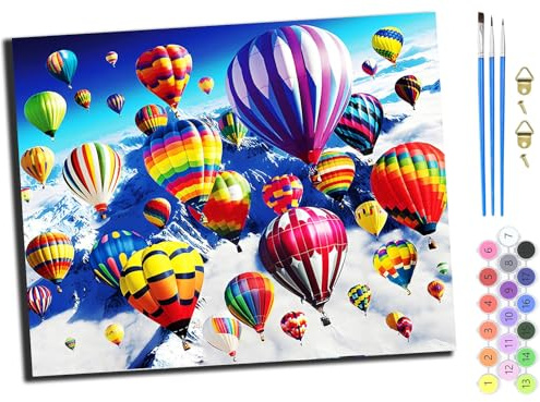 WANGXIAO DIY Paint by Number for Adults Beginner,with Paintbrushes and Acrylic Painting Kits Art Crafts for Home Walls 16 x20inch,Hot air Balloon Flying Over The Alps,with Frame