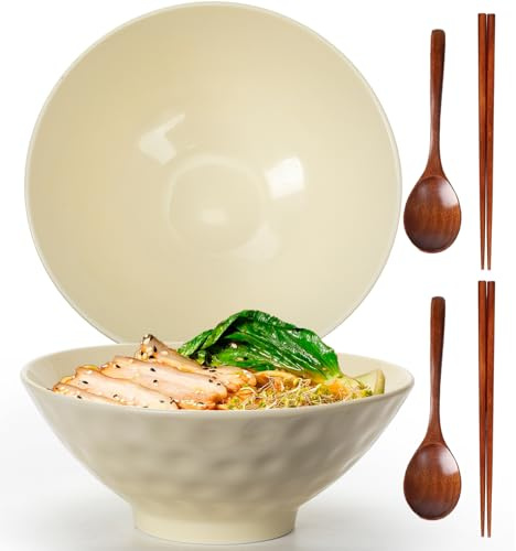 TuYines Ramen Bowls Set of 2, 1200ML Ceramic Ramen Bowls with Spoons and Chopsticks,Japanese RamenBowl,Porcelain Salad Bowls for soups, Salads, Rice Noodles