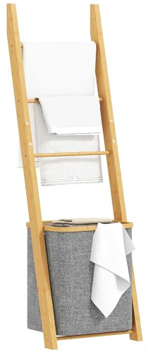 HOMCOM Estantería para Baño de Bambú, 2 en 1, Toallero de Pie con 3 Barras, Cesto para Ropa Sucia Extraíble de 48 L, para Dormitorio, Lavadero, Gris