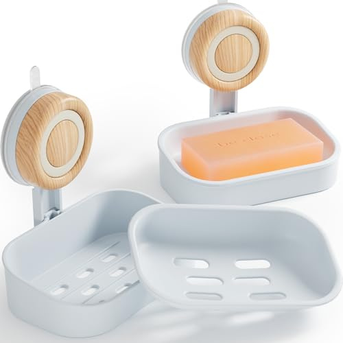 Double Layer Soap Dish for Shower 2 Pack, Wall Mounted Bar Soap Holder Suction Cup 2 Layer Self Draining Soap Case Sponge Holder for Shower Bathroom, Tub and Kitchen Sink, Drill-Free Tray (White-2pcs)
