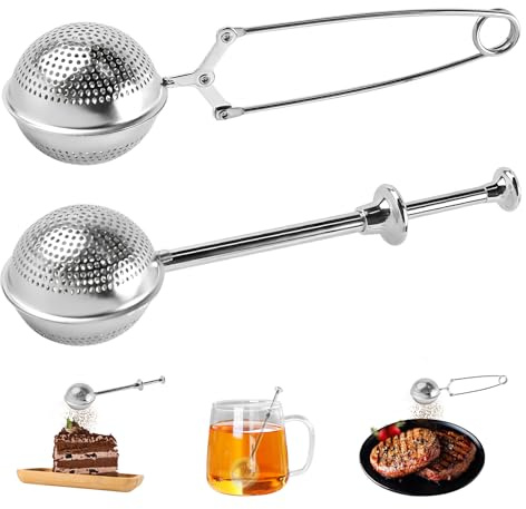 FEMONGY Pack of 2 Tea Strainers, Tea Strainer for Loose Tea, Tea Infuser with Telescopic Handle and Push Handle, Tea Tongs, Flour Sieve Duster - Sugar, Flour, Spices, Cocoa Powder, Stainless Steel