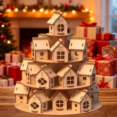 Aiwdeyi Calendrier de l'Avent 24 jours en forme de maison à étages en bois, décoration de Noël，calendrier avent