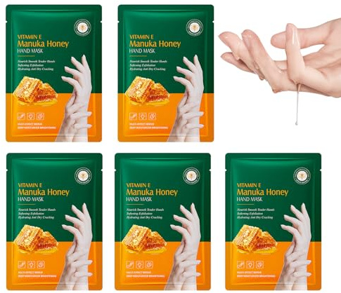 Vitamina E Miel Hidratante Máscaras de Mano, 5 Piezas Cuidado de Manos Mascarilla Hidratante Guantes Hidratantes, Juego de Cuidado de las Manos para Mujeres y Hombres, Mascarillas Exfoliantes Para