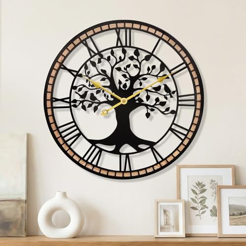 JXQXYN Grande orologio da parete, 61 cm, albero della vita, in metallo e legno, con design a uccello, orologio da parete decorativo senza ticchettio per soggiorno, casa colonica