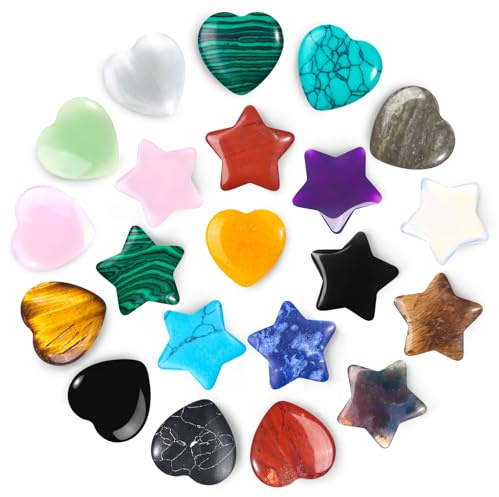 20 Stück Glücksbringer Herz Stein und Stern Stein, Natürliche Kristalle Edelsteine Set, Mini Geschenke Liebe Herz Stein für Liebhaber, Natürliche Bunte Heilsteine für Meditation, Chakra, Reiki