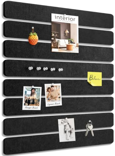 LeKuni Tableau Feutrine pour Bureau 33x5 cm, Lot de 8 Panneaux Muraux en Feutre avec Autocollante et 30 Punaises, Tableau Photo/Memo/Affichage pour école, maison, cuisine -Noir