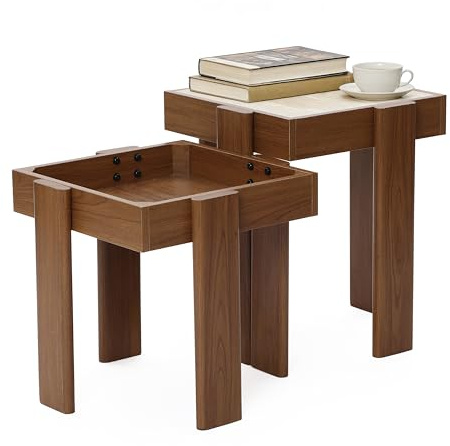Hometopia 2er Set Beistelltische, quadratisch im Walnuss-Design | Satztisch mit Stein-Dekor, Nesting-Design, platzsparend, als Couchtisch & Nachttisch, für Wohnzimmer & Schlafzimmer, modern