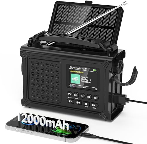 Mesqool DAB/DAB+/FM Wind Up Solar Radio with Bluetooth, 12000mAh Emergency Radio with Solar & Hand Crank Powered, 2.4 Colour Display, SOS Alarm, 5W Torch & Reading Lamp for Camping Hiking