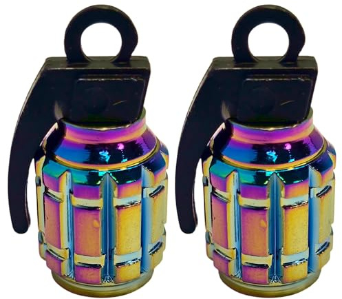 cyclingcolors 2x Cappucci delle valvole cappuccio tappi valvola forma di granata in alluminio Schrader per pneumatici bici moto auto auto quad monopattino, arcobaleno