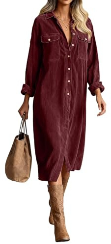 Women's Corduroy Button Down Dresses Elegant A-Line Long Sleeve V-Neck Madi Shirt Dress Classy Flannel Long Dress with Pockets Loose Fit Casual Cocktail Wear Wine