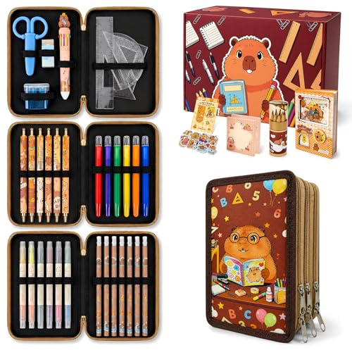 52 Stück Capybara Schreibwaren: Robustes, Tolles Geschenk zur Einschulung | Federmäppchen 3 Fächer mit Doppel-Reißverschluss Läuft Einwandfrei, Geräumig, Schönes Design, Schulsachen Teenager