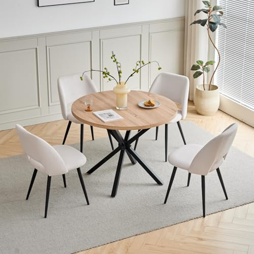 HJhomeheart Esstisch und Stuhlset, Runder Esstisch mit 4 stühlen aus Cord,Durchbrochener Gepolsterte Küchenstühle,100cm Runder Esstisch,Küchentisch mit Stühlen,für Esszimmer,Küche(Heller + Beige)