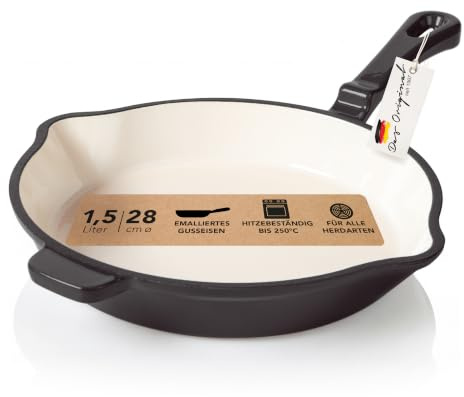 Römertopf Gusseisen Bratpfanne 28 cm emailliert für Induktion, Anthrazit | Für alle Herdarten inklusive Induktion, backofenfest bis 250 °C, hohe Hitzespeicherung, PFAS-frei
