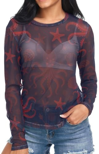 Dam vardaglig genomskinlig topp S-XXL, Röd djävulfisk, L