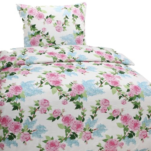 Hochwertige Biber Bettwäsche Baumwolle Blumen Weiß Rosa 135x200 80x80 Set 2tlg