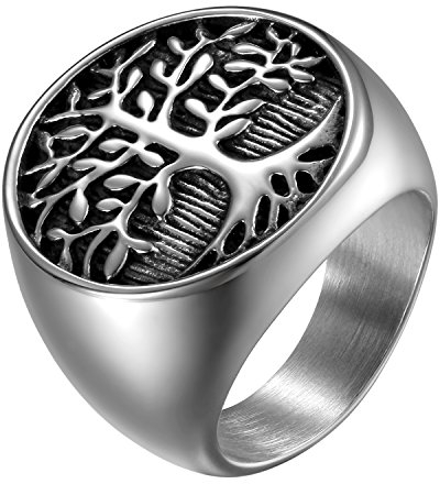 JewelryWe Schmuck Herren-Ring, Edelstahl Runden Siegelringe Baum des Lebens Lebensbaum Biker Ring, Silber Schwarz - Größe 65