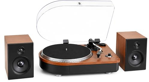 Steepletone Camden 2 Speed Record Player with Built In Amplifier, Separate Speakers and Ability to Connect Smartphones,Tablets etc for Bluetooth Playback in dark wood finish