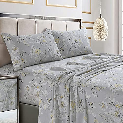 Tribeca Living Queen Bed Sheet Set, 300 Thread Count Soft Cotton Sateen, Floral Print with Extra Deep Pockets, 4-Piece Bedding Set, Colmar Silver Grey/Multicolor