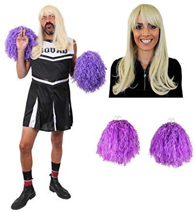 MÄNNER JUNGESELLENABSCHIED SCHWARZES CHEERLEADER KOSTÜM+PERÜCKE=LUSTIGE HERREN VERKLEIDUNG=FASCHING+KARNEVAL +SPORTVERANSTALLTUNGEN AMERIKANISCHEN ART=MIT+OHNE PUSCHEL -LARGE- MIT POMPOM