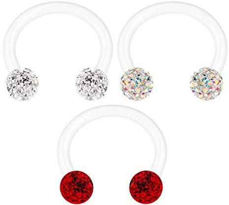 KJM FASHION 3 STK Flexibles Acryl Hufeisen Ring 1.2mm 16gauge 3mm Ferido Kristall Kugel Lip Helix Tragus Eyebrow Ohrringe Cartilage Piercing Schmuck 2351