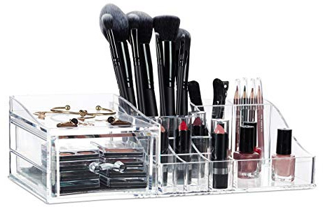 Relaxdays Make Up Organizer Acryl, Schmuckkasten mit Schublade, Lippenstifthalter & Schminkorganizer, transparent