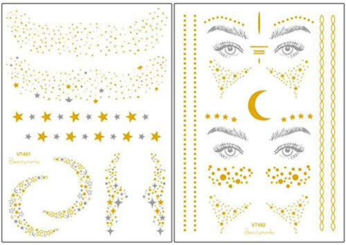 Xinlie 2 Stück Tätowierungsaufkleber Metallic Flash Tattoos Face Tattoo Face Sticker Gesicht Aufkleber for Holiday Girls and Young Women für Augen Gesicht Party Festival Shows Gold (2 Stück)