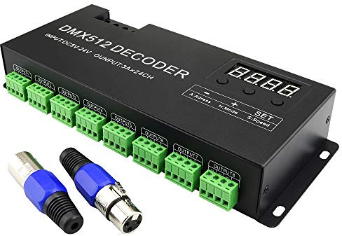 AMKI LED DMX 24CH Digital Display Decoder Dimming Driver LED DMX512 Decoder for RGB Strip Light DC5-24V 3A/CH (24 Channel with Display)