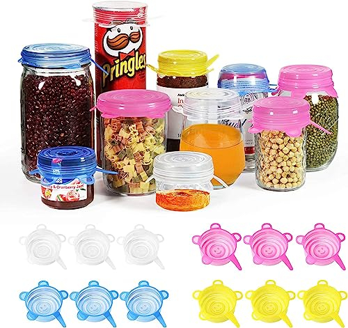 longzon Silicone Lids Food Covers – [12 Pack] One Size Small Stretch Lids for 2.6”–4” Containers, BPA-Free, Reusable, Fits Cups, Jars, Bottles – Microwave, Freezer, Dishwasher Safe – 4 Colours