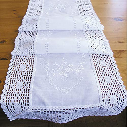 matches21 HOME & HOBBY Tischläufer BRIT 40 x 140 cm weiß Elegante Stickerei mit Blumen Landhausstil Mitteldecke Polyester