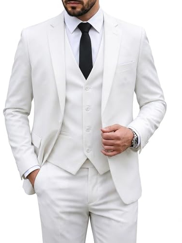 MY'S Men's 3 Piece Suit Set with Tie, One Button Slim Fit Solid Jacket Vest Pants, Prom Party Wedding Business Suits for Men, Natural White Large
