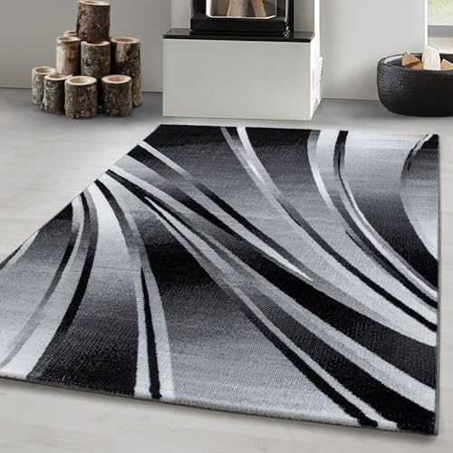 Carpetsale24 Teppich Läufer 80x300 cm Schwarz Modern Abstraktes Wellen Design Kurzflor für Wohnzimmer Schlafzimmer Esszimmer Küche Flur Jugendzimmer Waschbar Pflegeleicht Extra Weich