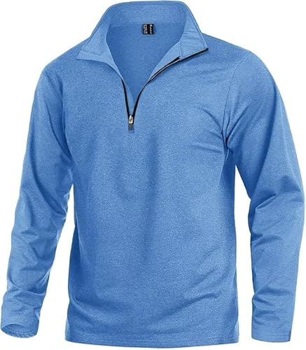 KEFITEVD Camiseta deportiva de manga larga con cremallera de 1/4 para hombre, para gimnasio, correr, senderismo, pesca, con cuello alto, azul celeste, M