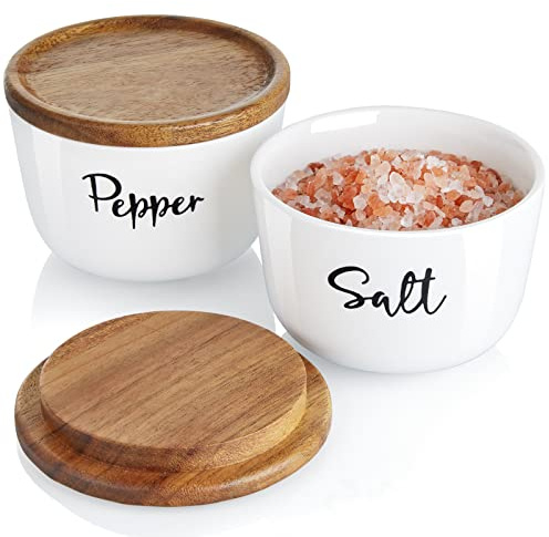 Bondgård Salt- och pepparskålar, DAYYET 3 dl saltkällare med lock, staplad keramisk saltpepparbehållare med trälock, saltlåda för bänkskiva, modern bondgård köksdekor, set med 2, vit