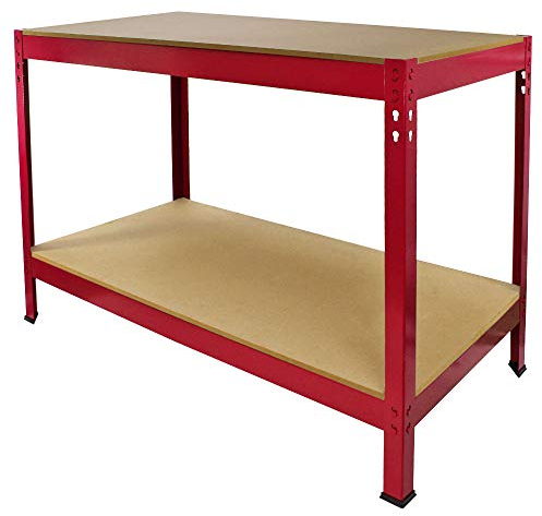 Tavolo da Lavoro Q-Rax Bancone da Lavoro ad Incastro Senza Bulloni in Acciaio e MDF Banco per Garage, Officina e Magazzino - Rosso - Larghezza 100cm