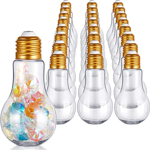 Tessco for you 36 Pcs Plastic Light Bulb Jars Clear Plastic Candy Jars Bulb Vase Christmas Ornaments Storage Container with Lid Fillable Ornament for Candy DIY Craft Hanging Decoration(Gold,100 ml)