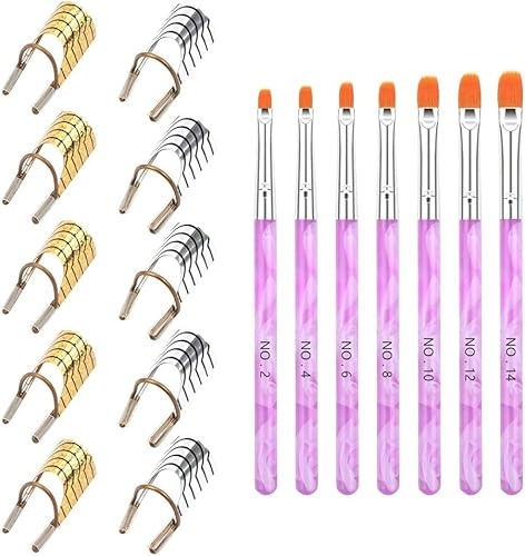 Norhogo 10 Stück Nagel Schablone, Wiederverwendbare Nagelschablonen Nail Art Verlängerung Modellier Schablonen mit 7 Stück Nägel Pinsel UV-Gel Pinselset und Nagelfeile, für Gel & Acryl Nailart