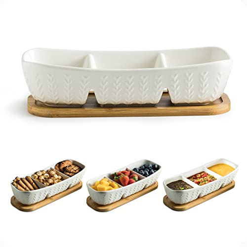 Lot de 3 bols à condiments en céramique, ramequins à sauce avec plateau de service en bois d'acacia, parfait pour collation, apéritif, charcuterie, nourriture, petite taille