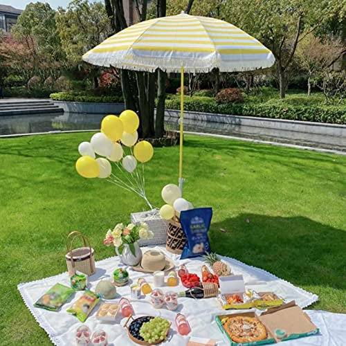 Parasol de jardin avec franges de 1,8 m - Rayures jaunes et blanches - Inclinable à 45° - En fer - Coupe-vent - Hauteur réglable - Pour plage, cour, terrasse, camping, balcon - Décoration photo