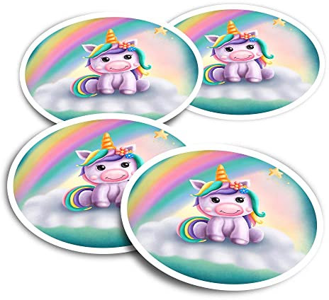 Vinyl Round Stickers (Set of 4) 10cm - Cute Unicorn Rainbow Stars for Laptops, Tablets, Luggage, Scrap Booking, Fridges #61039