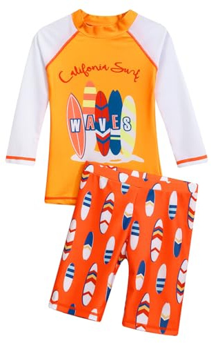 Runhomal Baddräkt för barn, pojke, anti-UV, långärmad, t-shirt med rashguard, badshorts för surfing, simning, strand, 1–17 år, En orange, 6-8 år