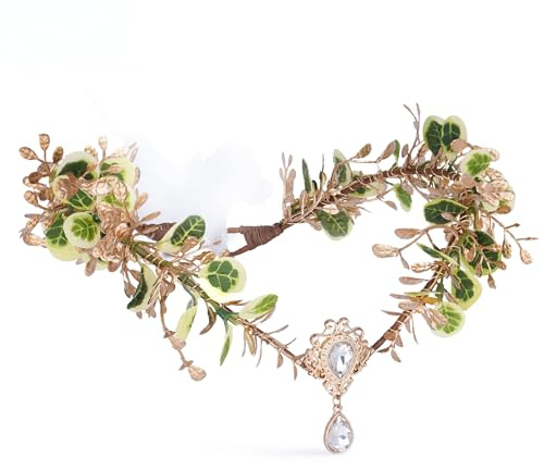 MOSTORY Woodland Elf Crown Kopfschmuck für Frauen V-Form Feenkönigin Tiara mit grünen und beigen Blättern Göttin Gold Stirnband für Party Cosplay Halloween Renaissance Hochzeit Geburtstag