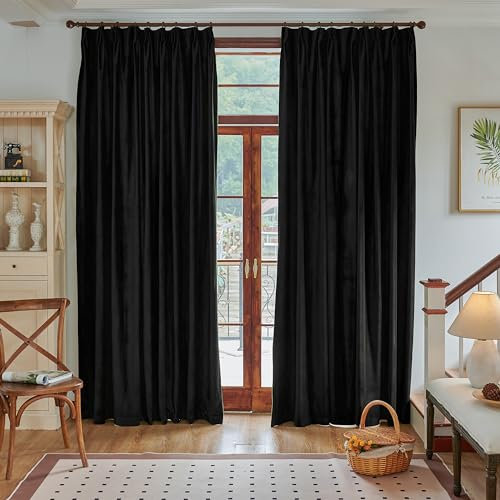 MAIHER Plissee-Samtvorhänge, 160 cm lang, schwere, thermisch isolierte Plissee-Vorhänge mit Nadelhaken für Querstange, Wohnzimmer (1 Bahn, 132 cm B x 160 cm L, Schwarz)