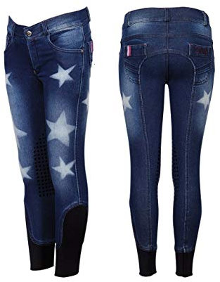 NETPROSHOP Kinder Jeans Reithose - Denim Stretch mit Sternmuster, Silikon Kniebesatz & elastischem Beinabschluss Gr. 104 oder 116, Kindergroesse:104, Farbe:Blau