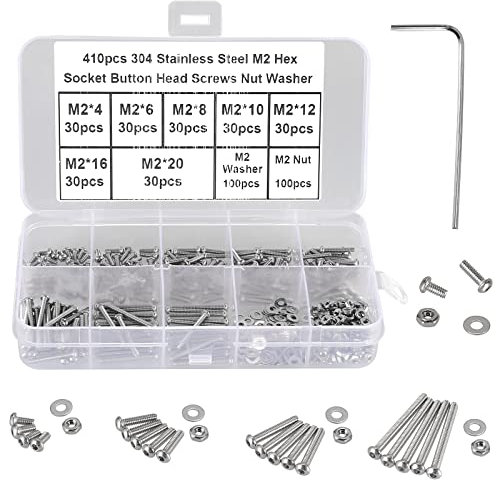 FandWay 410 Piezas Tornillos Cabeza Redonda Hexagonal Allen en Alomada, M2x4~20mm de Máquina Rosca Completa Acero Inox. 304 con Tuercas Arandelas y 1 Llave