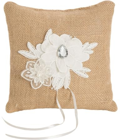 Wisafory Ringkissen Hochzeit Jute Vintage Sackleinen Ehering Kissen mit Spitze Blumen Rustikale Eheringe Brautkissen Wedding Ring Pillow Ringjutekissen für Hochzeitsaccessoires 4#