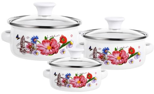 Alipis Kitchen Enamel Stockpot with Lid: 3pcs Retro Flower Enamelware Pot Set, Vintage Cooking Pot, Soup Pot, Stew Pot, Nonstick Saucepan Safe for Induction Gas Stove