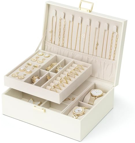 VLANDO Jewelry Box, 2-Layer Design with Tray and Watch Pillow,Cream White