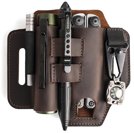 Topstache Multitool Sheath for Belt - EDC Belt Organizer - Leather Multitool Holster with Flashlight Holder, Elastic Band Pen Holder and Keychain Clip - Multitool Holder - Multitool Pouch, Darkbrown