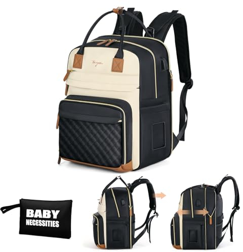 Tonyeee Wickelrucksack Rucksack 25-43L Erweiterbares Große Wickeltasche mit Wickelauflage & Kinderwagengurten,Reise-Rucksack Windeltasche,Mommy Bag,Schwarze Aprikose-Aufbewahrungstasche-Neu2