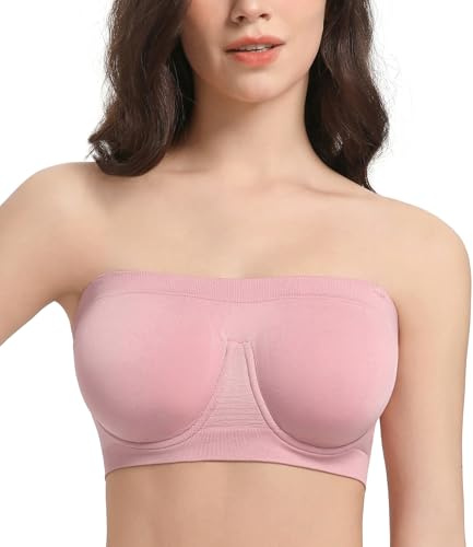 Lemorosy Women's Non Padded Underwire Strapless Bra Multiway Bandeau Tube Top Bralette(Pink,M)